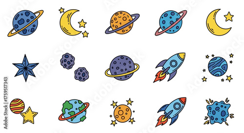 The image displays cartoonish space icons Planets stars moons rockets and asteroids are scattered across a white background