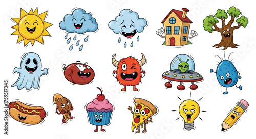 The image displays a collection of cartoonish characters and objects with expressive faces
