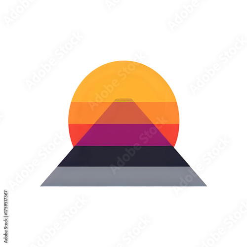Vector illustration of a peak at sunset, defined by four large, solid color blocks_ burnt orange, mustard yellow, deep purple, and grey