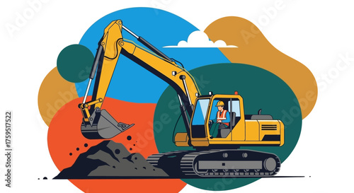 Excavator with operator digging earth symbolizing construction and industrial work