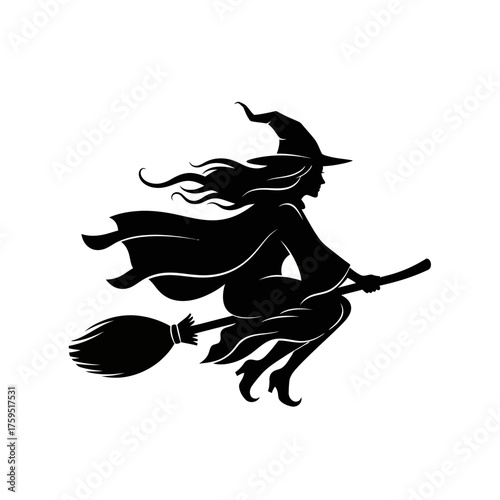 Silhouette of a halloween witch flying on a broomstick with flowing hair and cloak conjuring magic mystical spooky atmosphere isolated on white background