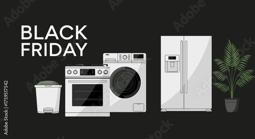 Black Friday sale illustration featuring large home appliances fridge oven washer