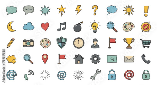 Varied icons arrayed in rows depict a range of subjects sketched with visible lines