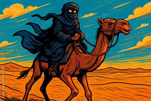 Face icon camel horizon vector mysterious desert endless nomad adventure glowing