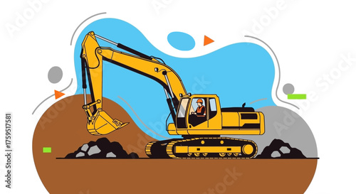 Yellow excavator and operator working on a construction site symbolizing industry and development