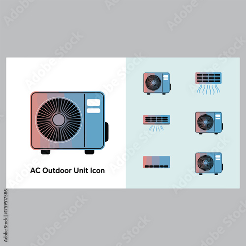 Collection of modern air conditioning unit icons, representing cooling technology and climate control