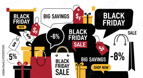 Black Friday sale background with shopping elements discounts and big savings offers