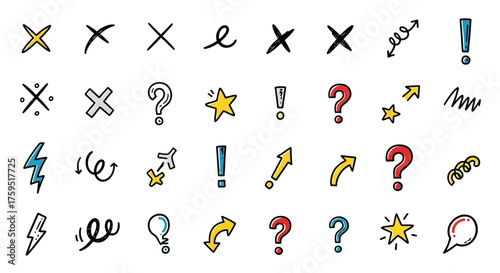 Various handdrawn doodles including symbols like crosses stars question marks arrows and exclamation points scattered on a white background