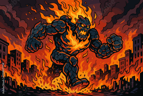 Giant icon molten across stomping back bursting armor from vector rampage its