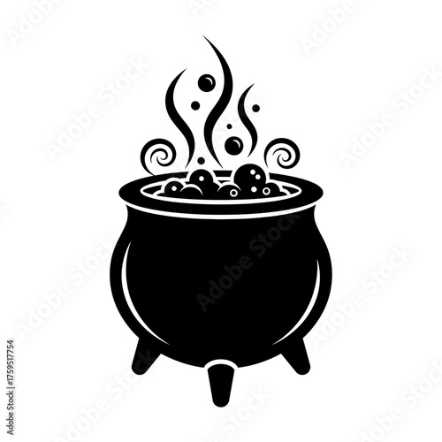 Mysterious black cauldron bubbling with enchanted potion steam swirls mysterious halloween witchcraft brew isolated on white background