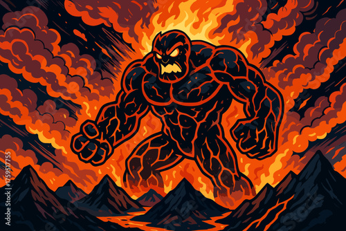 Magma icon eruption up lit over fire veins glowing vector clouds firestorm