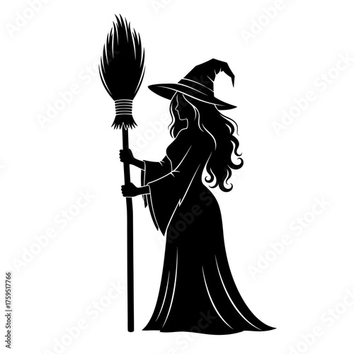 Mysterious witch with broomstick silhouette full body halloween spooky character elegant flowing dress pointed hat ethereal design for festive decorations and designs isolated on white background