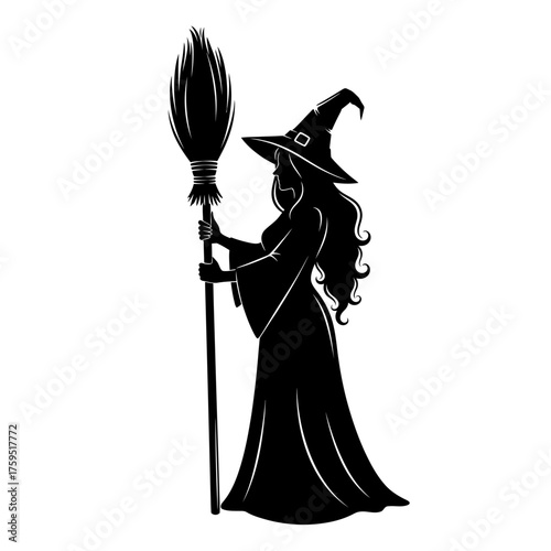 Mysterious witch silhouette holding broomstick classic halloween figure iconic spooky season character design for festive celebrations isolated on white background