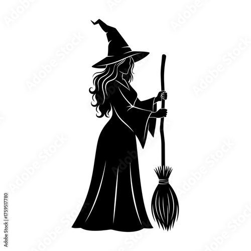 Mysterious witch silhouette holding broomstick ethereal halloween character elegant flowing dress pointed hat festive spooky symbol isolated on white background