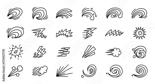 Vector sketches of speed and motion including swirls clouds lightning bolts explosions and radiating lines