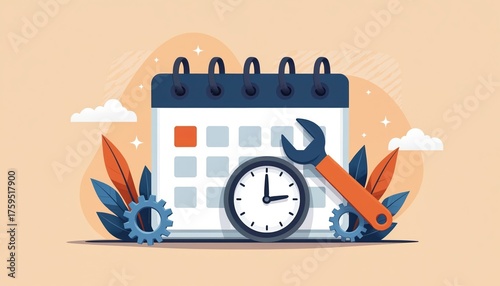 Calendar flat illustration with clock wrench, cogwheel. Image about maintenance scheduling events repair, project time management. Concept for business marketing mobile app banner. Planning concept.