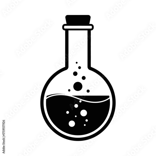 Abstract chemical laboratory flask with bubbling liquid and stopper symbolic science and research beaker for discovery and innovation concepts isolated on white background