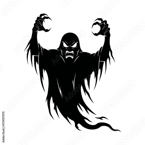 Terrifying silhouette of a dark phantom ghost with extended claws ready to haunt and scare in a spooky halloween atmosphere isolated on white background