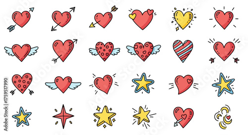 Whimsical doodle pattern featuring hearts and stars in various styles rendered with bold outlines and a playful cartoonish aesthetic