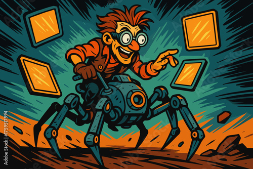 Walker hovering vector icon mechanical spider screens glowing controlling gadgeteer riding around