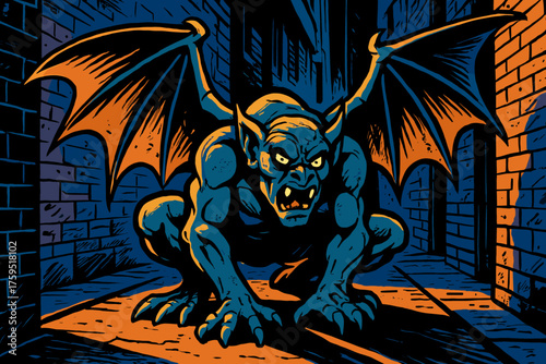 Wings shadows simple huge icon alleyway gargoyle dramatically stretching monstrous vector