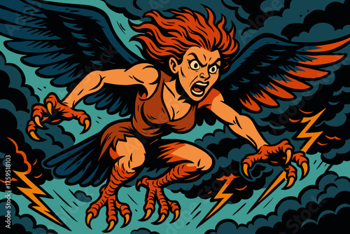 Descent female winged talons swooping harpy icon sharp hair creature fierce vector
