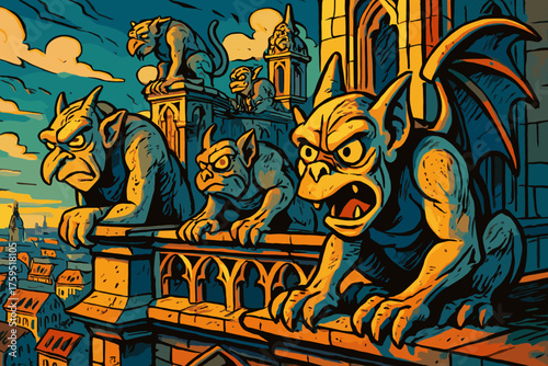 Gargoyles cathedral each glaring down icon overlook ancient rooftop vector comic exaggerated