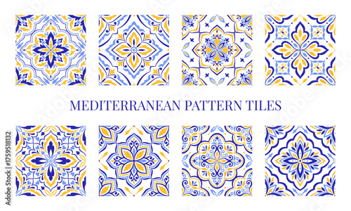 Mediterranean tile, blue and yellow seamless patterns, no background. Spanish, Sicilian, Portuguese, Italian traditional ornaments. Set of floral mosaic designs with ethnic motifs for ceramic, vector