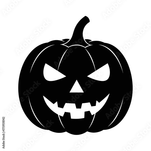 Spooky black halloween jack-o'-lantern silhouette icon face with glowing eyes and grinning mouth simple graphic element for autumn holiday celebration isolated on white background