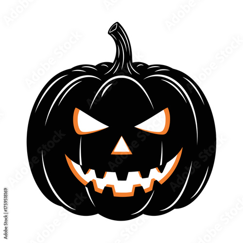 Spooky halloween jack o lantern with glowing orange eyes and mouth symbolizing autumn holiday fun and scary celebration isolated on white background