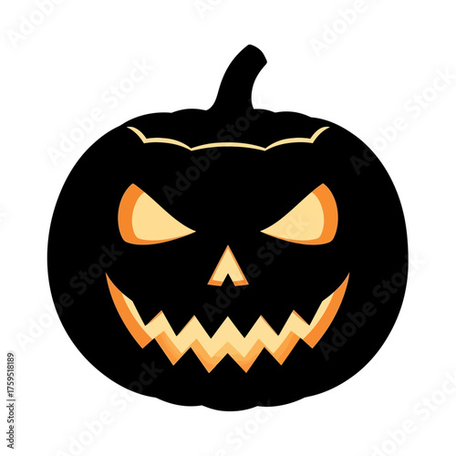 Spooky halloween jack-o'-lantern carved pumpkin with glowing orange eyes and jagged teeth festive autumn decoration isolated on white background