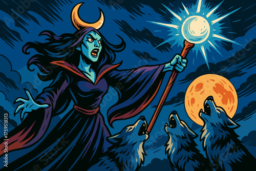 Crescent below howling icon dark moonlight staff glowing sorceress raising wolves vector