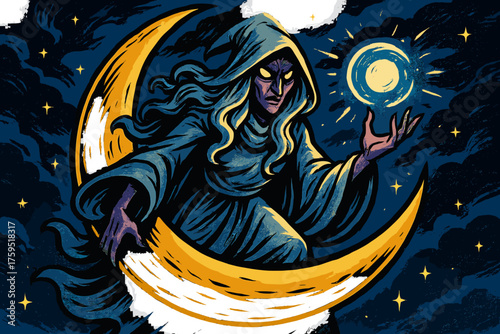 Lunar mysterious simple silver crescent vector cloaked moon robes moonwitch icon glowing