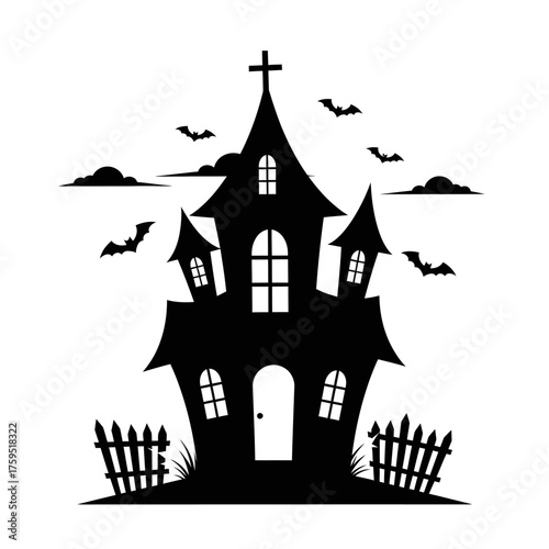 Haunted house silhouette with bats and spooky clouds a classic halloween scene perfect for decorations and spooky events isolated on white background