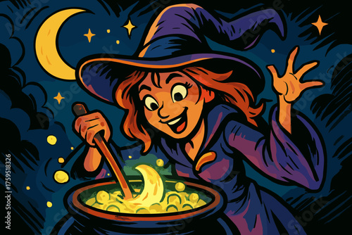 Vector potion oversized glowing moonwitch bubbling playful brewing icon lunar s cauldron
