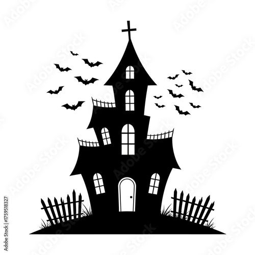 Spooky silhouette haunted mansion with flying bats and broken fence ideal for halloween decorations and themed graphics isolated on white background