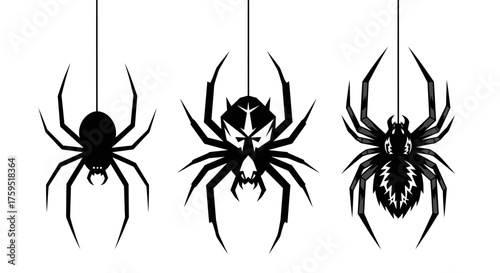 Three spooky hanging spiders halloween decorations isolated festive arachnid characters for holiday design and celebrations isolated on white background