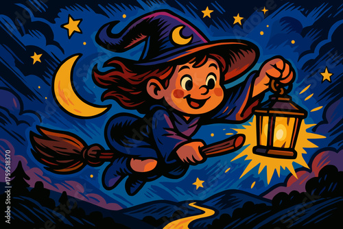 Lighting sky night vector lantern moonwitch icon up childlike travelers flying