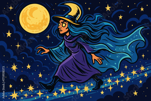 Bridge star cloak sky vector moonwitch ethereal translucent shimmering across icon night