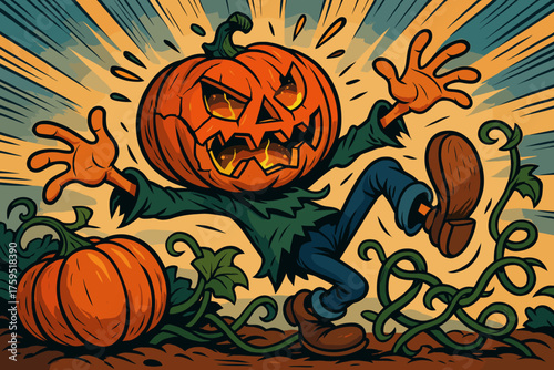 Icon falls exaggerated over vector as tumble comical motion vines pumpkinhead
