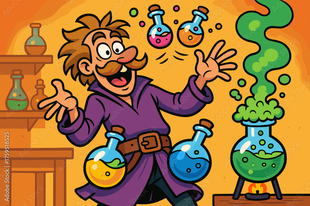 Naklejka premium To silly juggling oversized vials chaos vector strapped alchemist potions icon