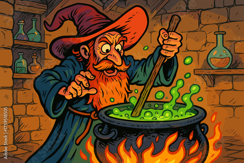 Vector cauldron green comically icon glowing cartoon hat liquid alchemist stirring medieval