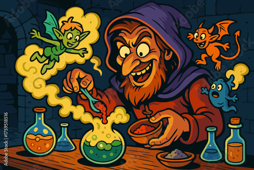 Creatures mischief alchemy from magical mixing powders icon alchemist mischievous as smoke