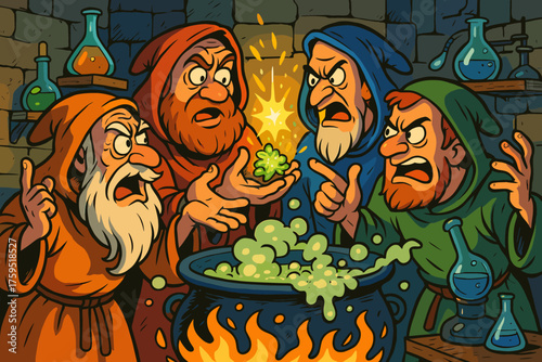 Glowing comedic as over vector bubbles humorously alchemists icon arguing ingredients debate