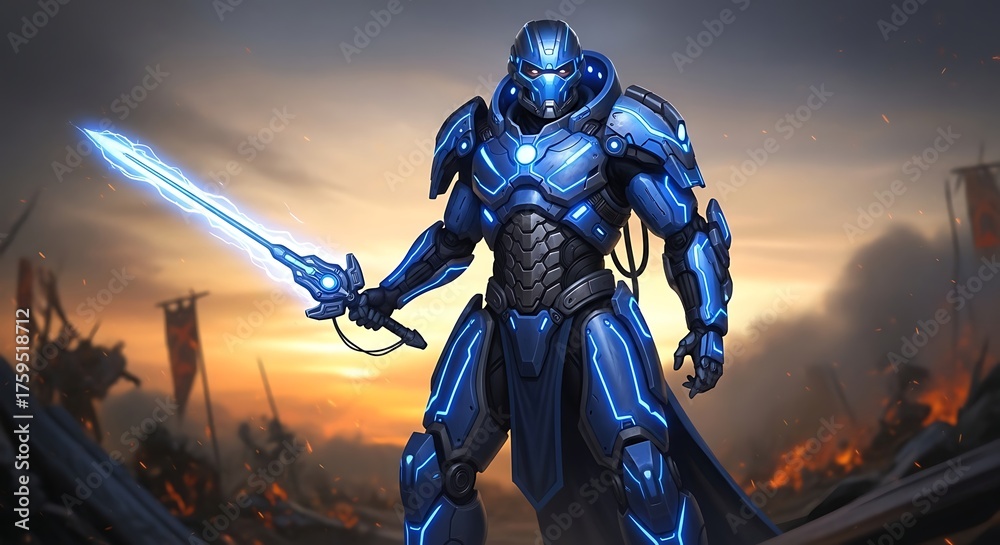 Naklejka premium Futuristic Blue Armor Warrior Standing Guard at Sunset Battlefield: A Sci-Tech Fantasy Epic Hero with Energy Sword Ready for Battle