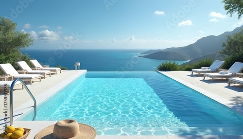 Fototapeta Naklejka Na Ścianę i Meble -  A luxurious infinity pool overlooks the ocean. White lounge chairs line the pool area. The landscape features mountains and a clear blue sky. It is perfect for relaxation and vacation.