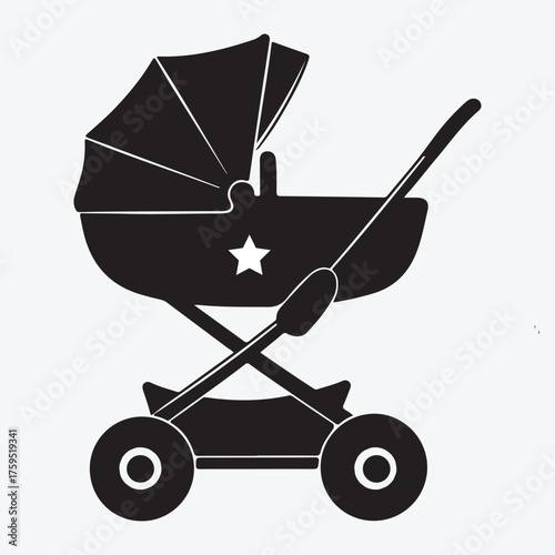 Vector art of black silhouette of a vintage baby pram with a star detail, silhouette art design