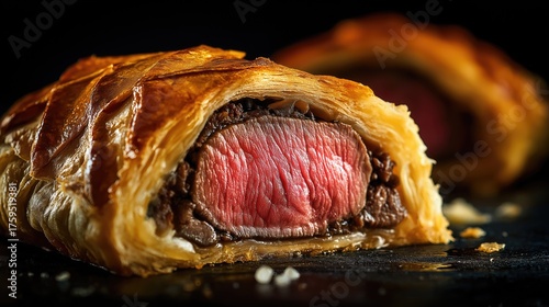 Beef wellington cross-section, flaky pastry, juicy center