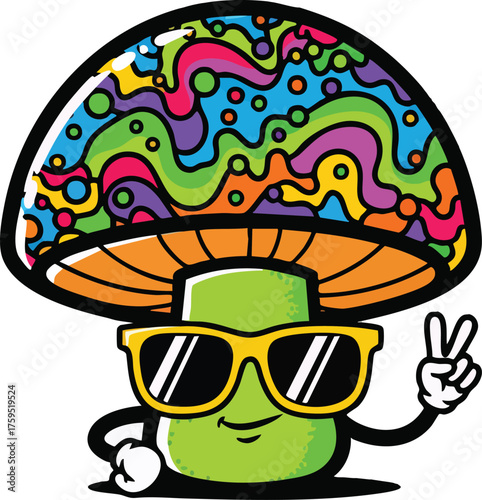 Psychedelic Mushroom Character Wearing Sunglasses and Showing Peace Sign.