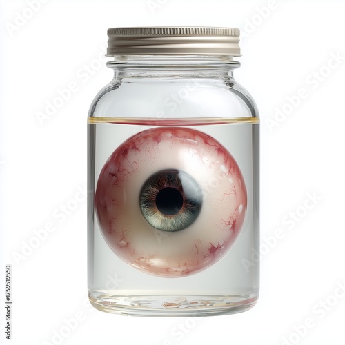 Spooky human eyeball preserved in clear liquid inside a glass jar